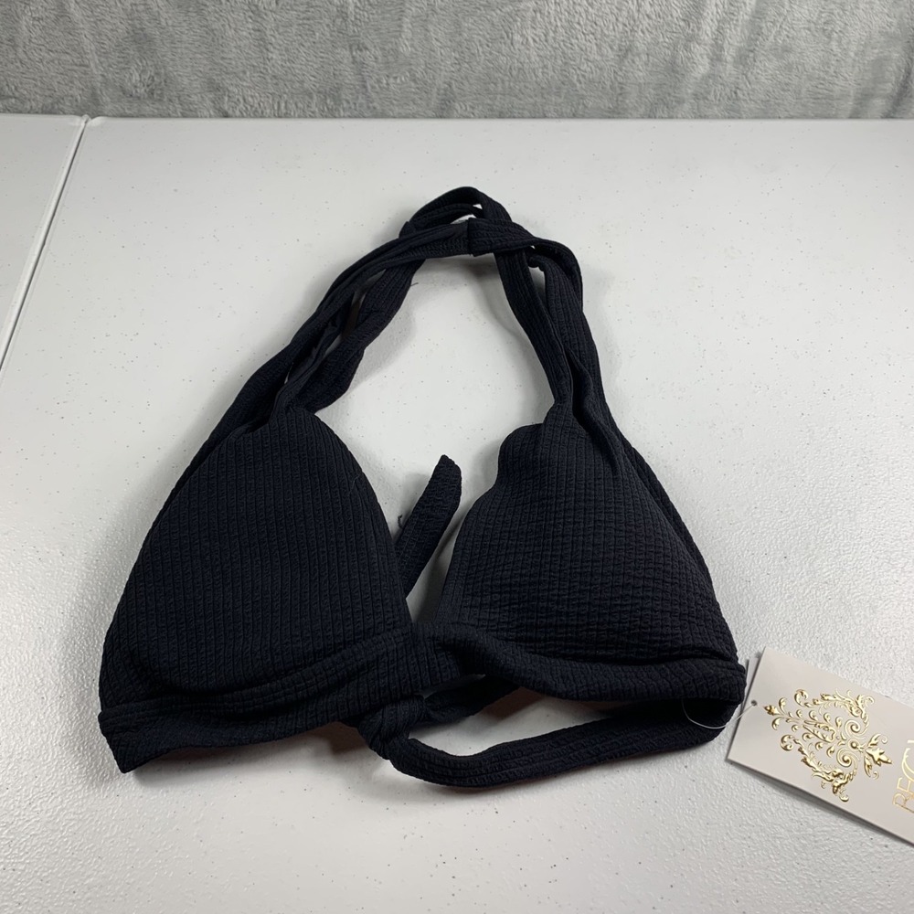 Becca Women's Bikini Swim Top Medium Black Textured Tie-Back Halter Ring NWT